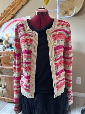 Denver Hayes Striped Open-Knit Cardigan in Pink & Beige